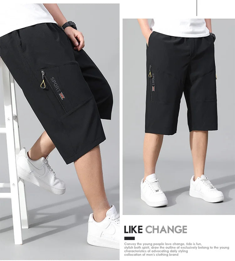 Mens Cargo Shorts - Knee Length Cotton Shorts With Zipper Pockets & Elastic Waist