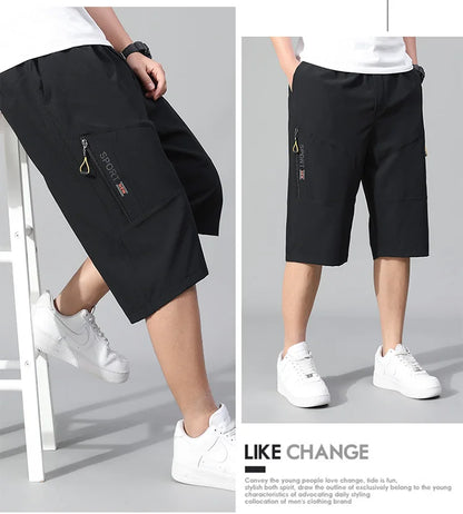 Mens Cargo Shorts - Knee Length Cotton Shorts With Zipper Pockets & Elastic Waist