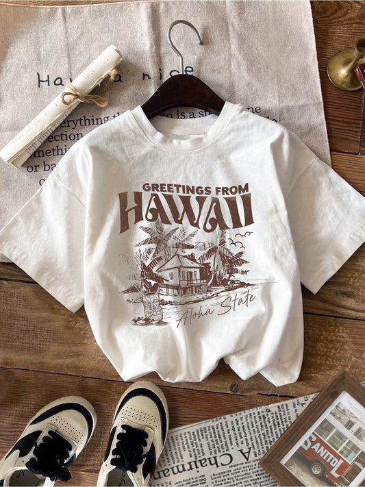 2026 casual and comfortable children's clothing house tree print short sleeved solid color top T-shirt, casual travel