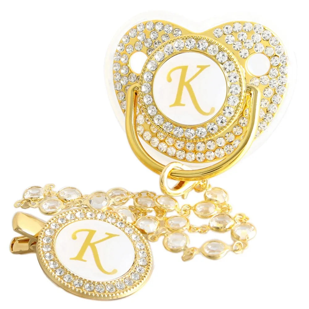 Golden Baby Pacifier With Diamond Chain Clip – Silicone, Rhinestone, Latex Free