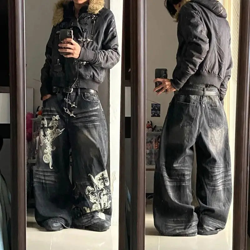 Y2K New Retro Centipede Embroidery Pattern Washed Oversized Wide-Leg Pants Street Gothic Harajuku Floor Pants For Men and Women