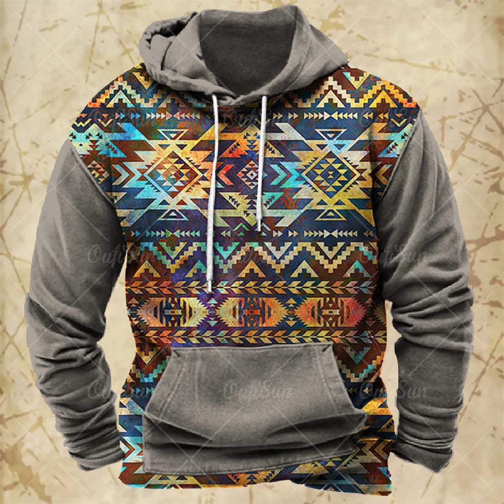 Men Hooded Vintage Print  Sweatshirt Ethnic Style Hoodie Autumn and Winter Oversized Casual Men's Clothing Daily Street Pullover
