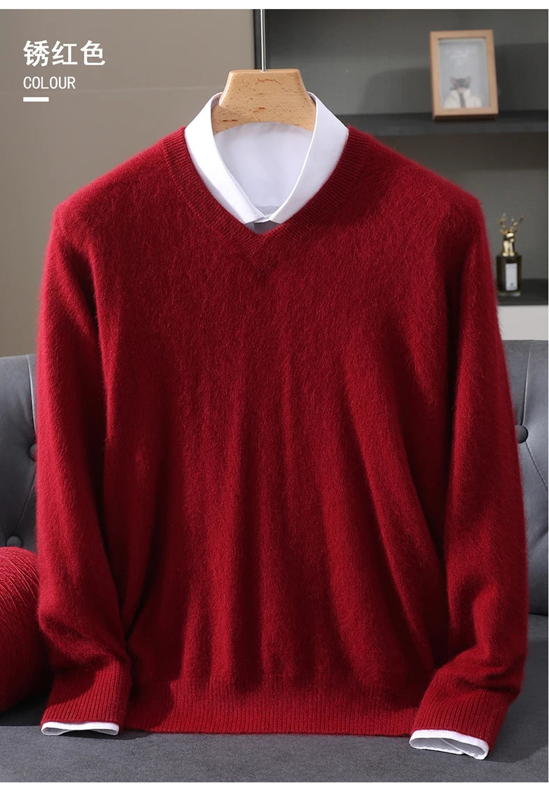 Men's 100% Pure Mink Cashmere Sweater V-neck Pullover Knit Bottoming Shirt Autumn And Winter New Long-Sleeve High-End Mink Tops