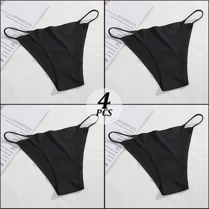 4PCS/Set Seamless Thin Strap Thong Underwear Women Low Rise Briefs Ice Silk Comfortable Panties Multi Color No Trace Lingerie