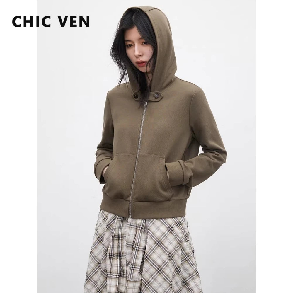 CHIC VEN Fashion Women Sweatshirts Solid Slim New Hooded Warm Female Jacket Short Sportswear for Woman Spring Autumn 2026