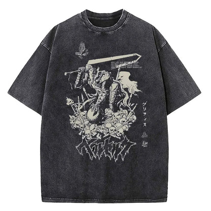 Berserk Print T Shirt Men Vintage Washed T-Shirt Anime Guts Graphic Tshirt Hip hop Streetwear Tees Casual Berserk Clothes