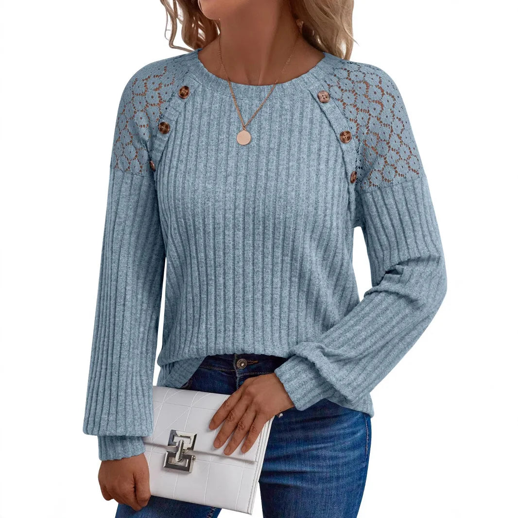 2025 New Autumn Women's Blouses Elegant Fashion Lace Hollow Out Patchwork Button Shirts Loose Casual Long Sleeve Pullover Tops