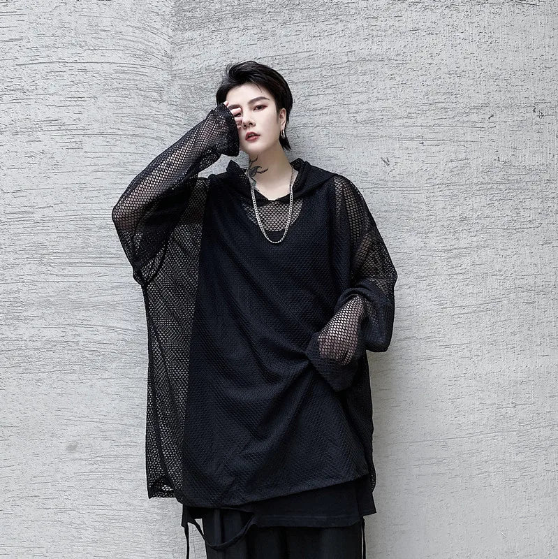 2024 Summer Dark Hollowed Out Mesh Hoodies T-shirt For Men Women Long Sleeves Loose Hooded Mesh Transparent Shirts