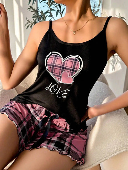 Women Sexy Suspender Shorts Thin Pajamas Letter Print Plaid Shorts Large Pajamas Romantic Home Wear Sexy Nightwear Short Pajama