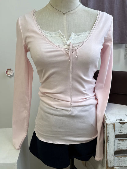 Beige Lace Trim Long Sleeve Tees Women Autumn New Streetwear Cotton Slim Sexy V-neck Lace-up Tops Sweet Simple Chic T-shirts Y2K