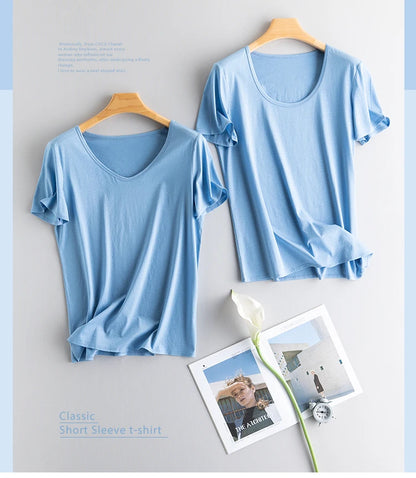 Women's V-Neck T-Shirt – Silk-Linen-Cotton Solid Summer Tee