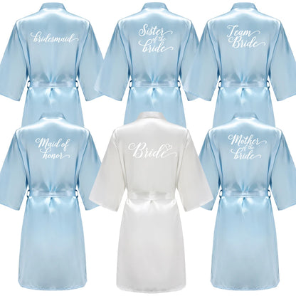 Light Blue Women's Satin Robe Short Kimono for Bride & Bridesmaid With White Letter, Wedding Party Robes