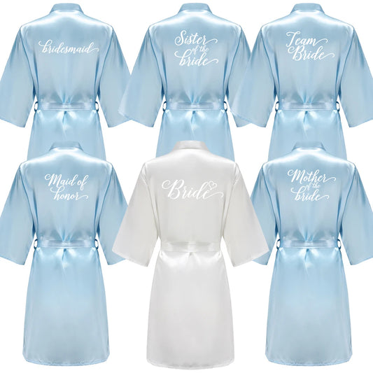 Light Blue Women's Satin Robe Short Kimono for Bride & Bridesmaid With White Letter, Wedding Party Robes
