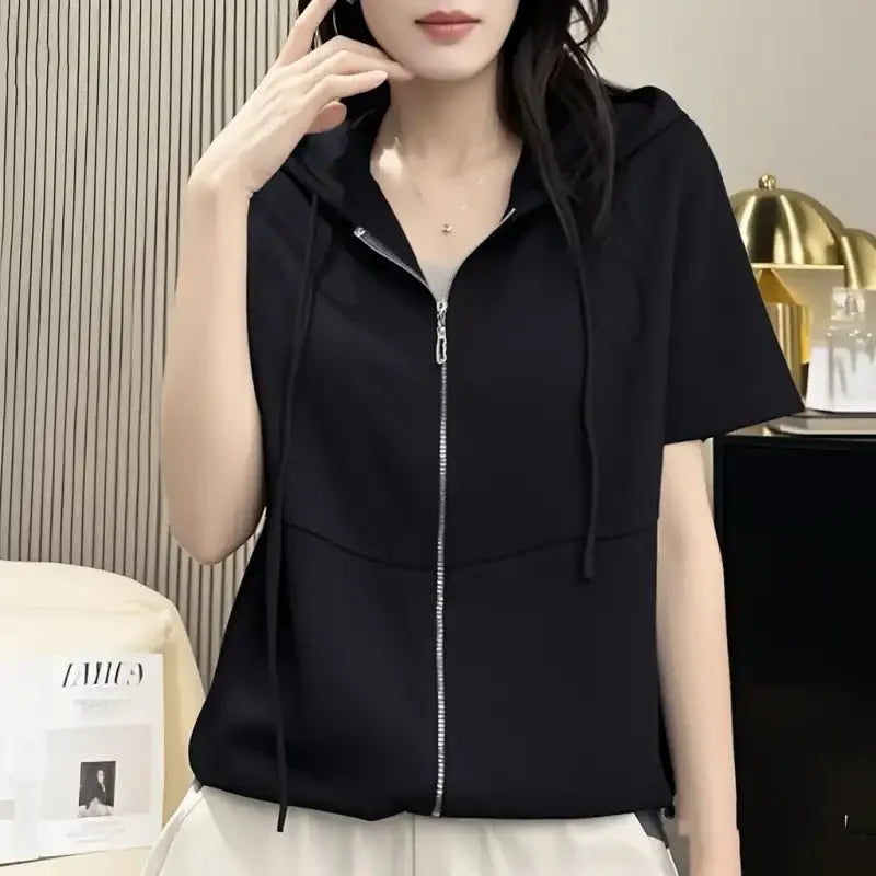 Women's Royal Blue Hooded Zip-Up Top Short Sleeve Casual Lightweight Cardigan