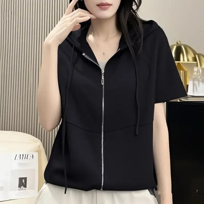Women's Royal Blue Hooded Zip-Up Top Short Sleeve Casual Lightweight Cardigan