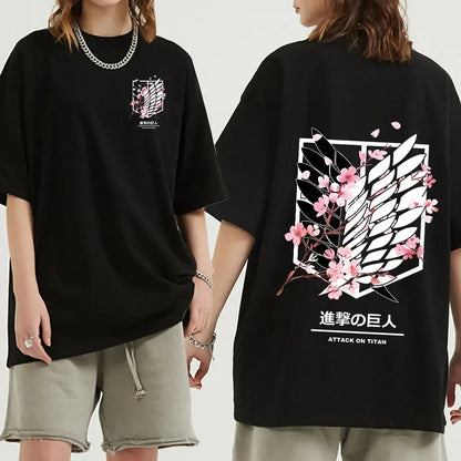 Anime Attack on Titan T-Shirt Ackerman Mikasa Eren Jaeger Cherry Blossom Graphics Logo T Shirt Clothes Men's Cotton T Shirts