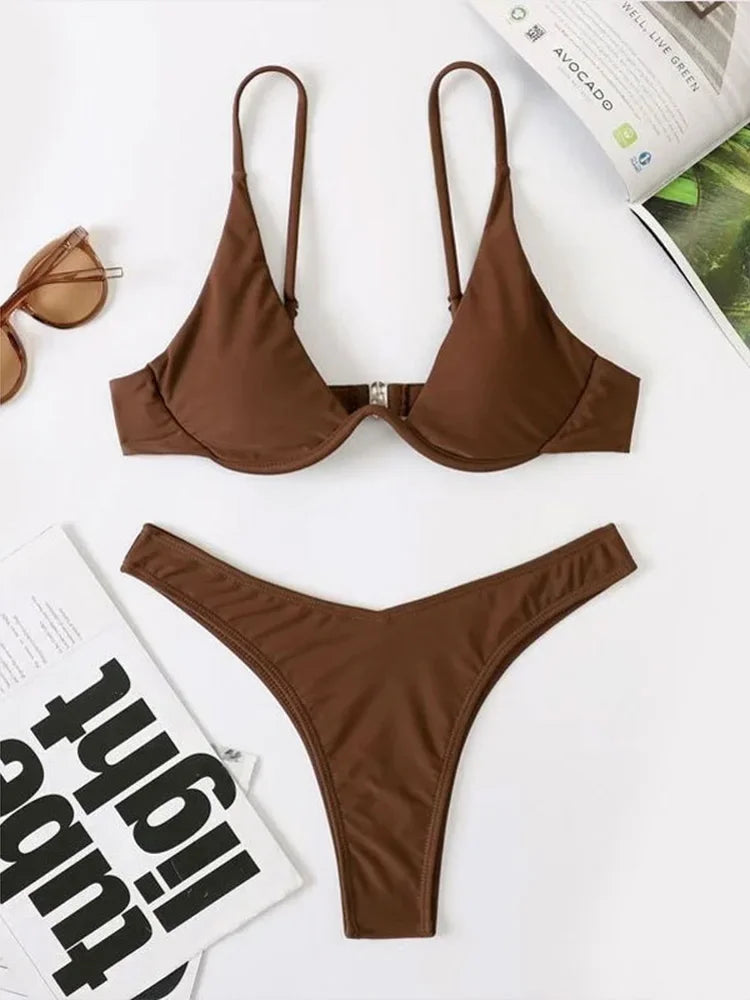 2026 Summer New Two Piece Women's Solid Color Sexy Bareback Bikini Split Swimsuit Bikini Set High Waist Beach Vacation