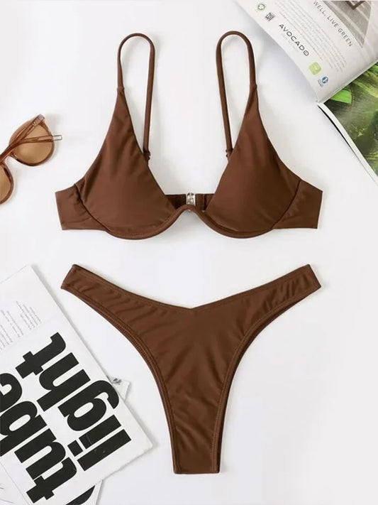 2026 Summer New Two Piece Women's Solid Color Sexy Bareback Bikini Split Swimsuit Bikini Set High Waist Beach Vacation