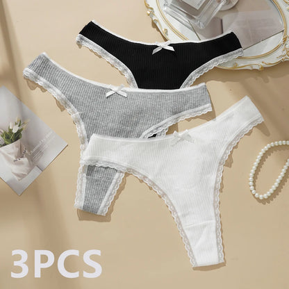 3PCS Sexy Low Waist Panties Women Lace Trim Solid Color Briefs M-XL Breathable Comfortable Lingerie Female Rib Cotton Underwear