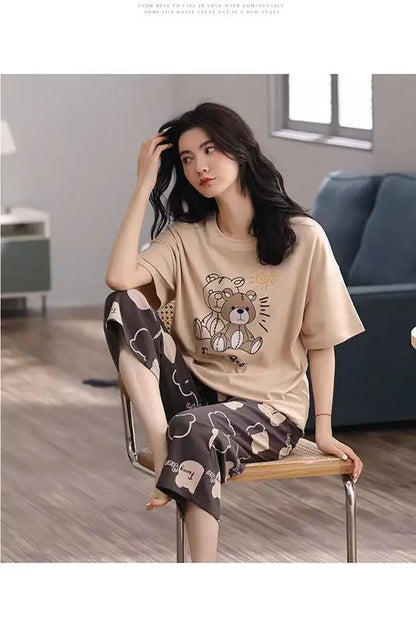 Women Pajamas Sets Plus Size Summer Silk Sleepwear Ladies Thin Short-Sleeved Seven Pants O-Neck Casual Cat Home Wear Night Wear