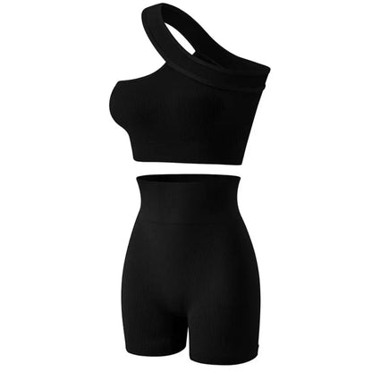 2Pcs Reusable Seamless Women Workout Sets High Waist One Shoulder Active Wear Ribbed Tank Tops Yoga Outfits Fitness