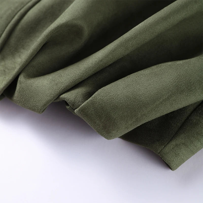 Vintage Suede Green Bomber Jacket Women Loose Lapel Full Sleeve Zipper Commute Coat 2025 Autumn Lady High Street All-match Coats