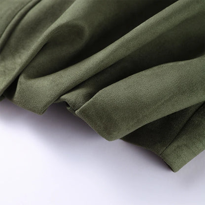 Vintage Suede Green Bomber Jacket Women Loose Lapel Full Sleeve Zipper Commute Coat 2025 Autumn Lady High Street All-match Coats