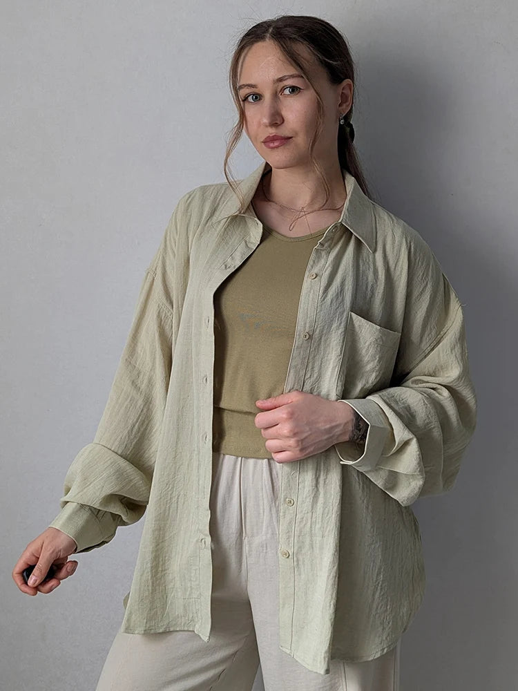 Summer Blue Linen Shirts For Women Oversized Long Sleeve Tops Green Shirt Woman Work Basic Linen Tops Women White Shirts Ladies