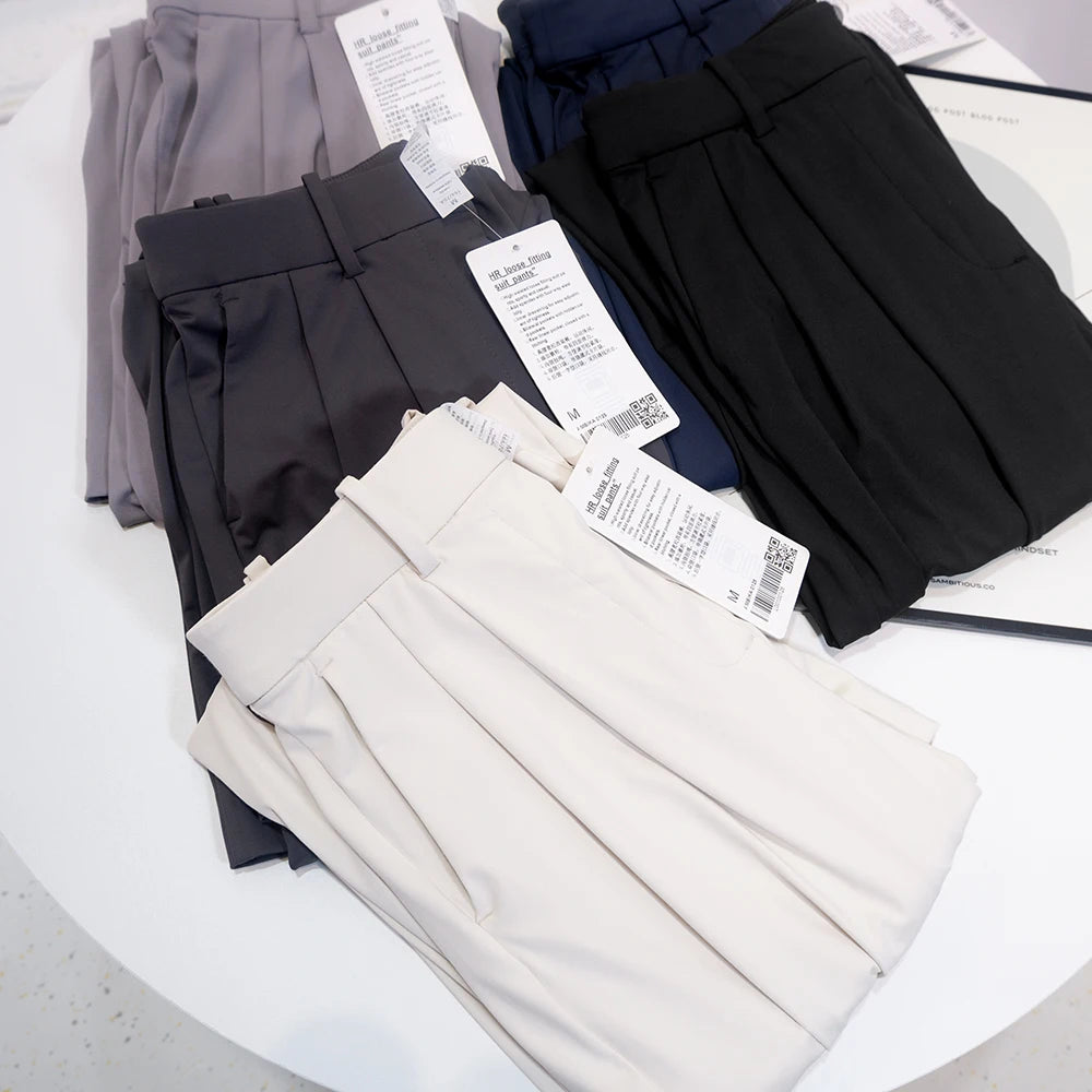 Pocketed suit pants with pleats, cool feeling, versatile wide-legged, long pants, casual, straight-cut, elastic waist