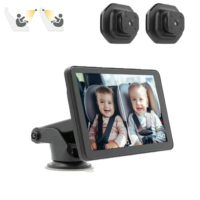 1080P dual lens car baby monitor, 3 installation methods, rear seat visible, adjustable lens, 5-inch IPS screen