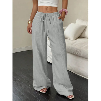Women's Elegant Multi-Functional Stretch Waist Comfortable Casual Pants, Slightly Stretchy Simple Solid Textured Fabric High-Waist Wide-Leg Pants with Drawstring Waist and Slanted Pockets