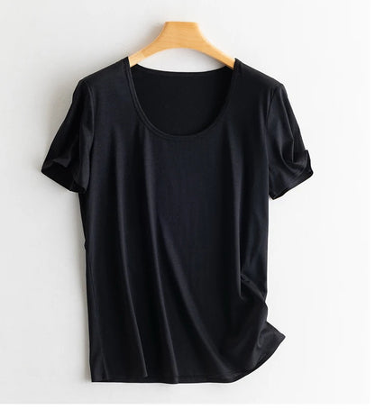 Women's V-Neck T-Shirt – Silk-Linen-Cotton Solid Summer Tee