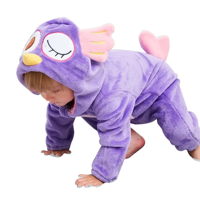 Baby Winter Rompers - Soft Polyester Hooded Jumpsuit With Animal Pattern, Machine Washable