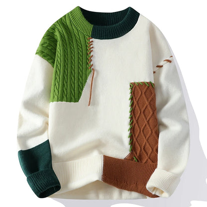 Patchwork Knitted Sweater - Men's Autumn Casual Streetwear Warm Pullover Jumper