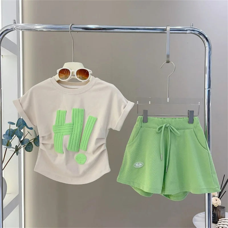 Girls Print Sets Summer Children Short-sleeved Suits Teenage Letter T-shirt+Shorts 2 Pcs Kids Clothing Tracksuit Outfits 3-12Y