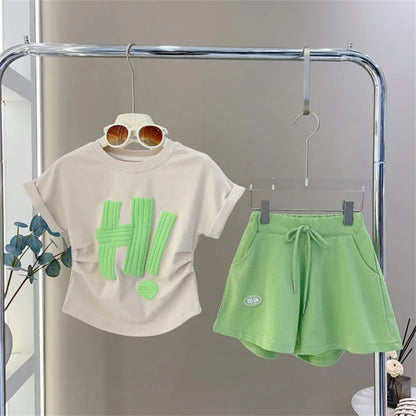 Girls Print Sets Summer Children Short-sleeved Suits Teenage Letter T-shirt+Shorts 2 Pcs Kids Clothing Tracksuit Outfits 3-12Y