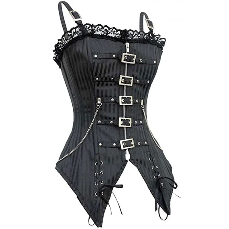 Sexy Women Gothic Corset & Bustier Striped Zip Buckled Steampunk Overbust Corselet Top Vest Punk Rock Style Clothes