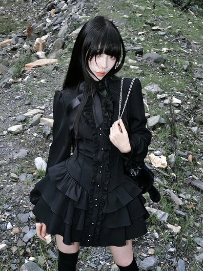 Y2K Lolita Dress - Gothic Mini Patchwork Lace Vintage Black Ruffle Slim Fit