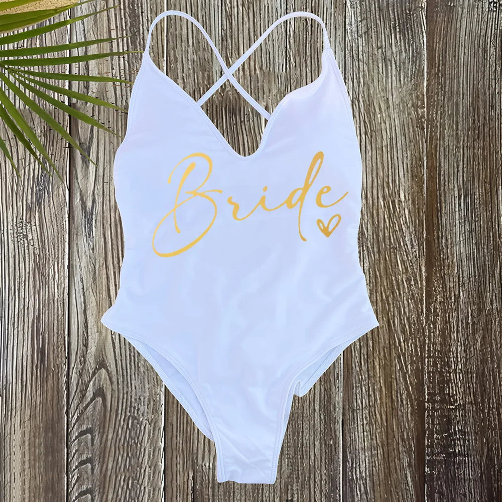 Pink Gold Print One Piece Swimsuit Team Bride Love Sexy Bathing Suit Padded Swimwear Women Bikini Bachelor Party Swim Beachwear