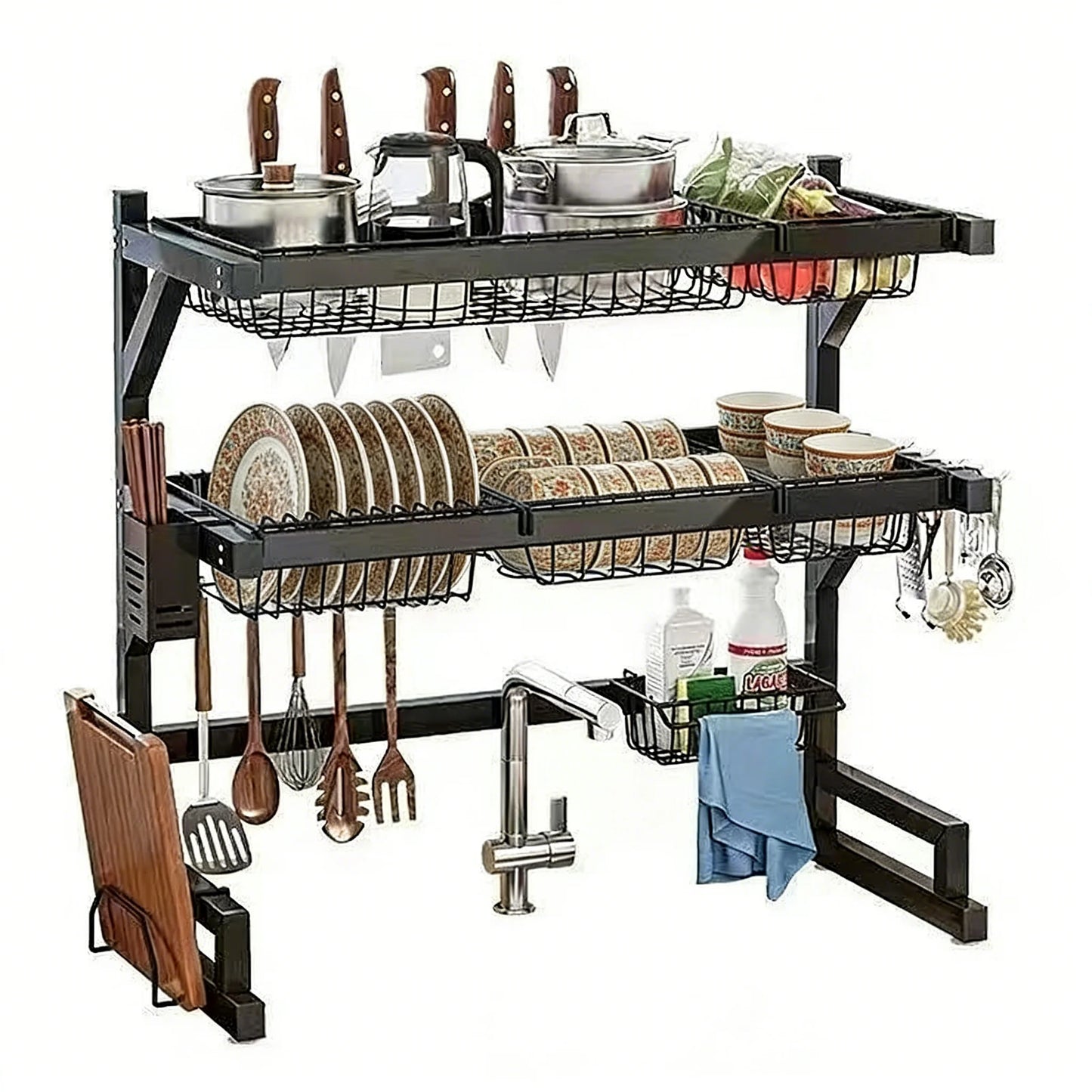 Space-Saving Over Sink Kitchen Dish Drying Rack with Adjustable Shelves and Utensil Holder