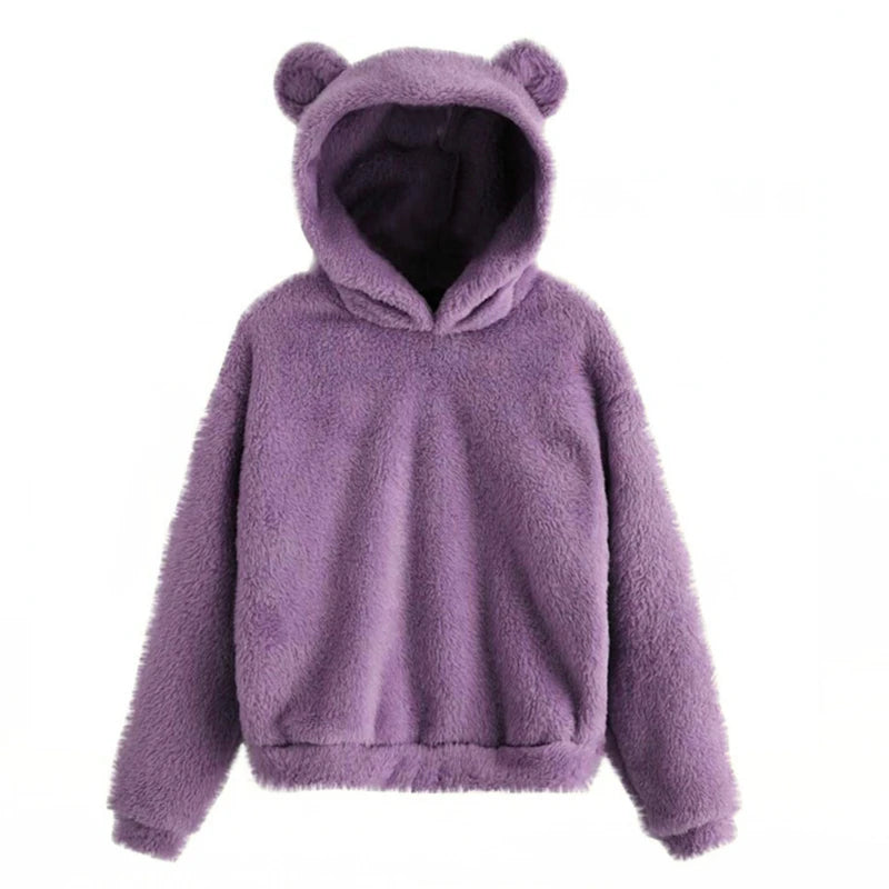 Winter Korean Fashion Bear Ears Cute Loose Hoodie Fluffy Hooded Warm Sweatshirt Long Sleeve Top Solid Pullover Clothes For Women