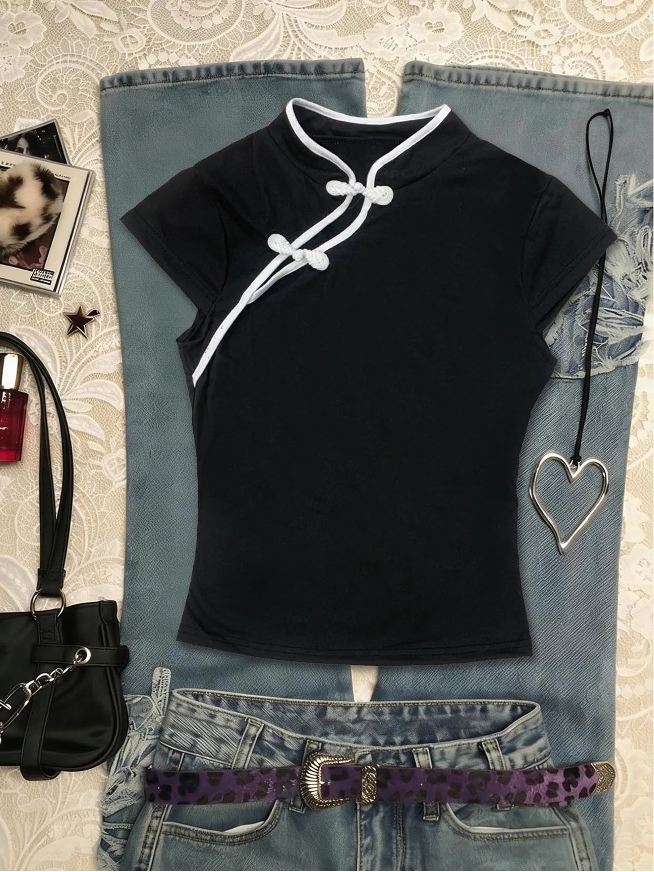 Women's Casual Daily Fashion Black Embellished Frog Button Fitted Cheongsam Style Crop Top 2026