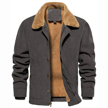 Men's Winter Corduroy Jacket Fleece Warm  Lined Cargo Work Jacket Casual Thick Sherpa Collar Trucker Deck Navy Coats