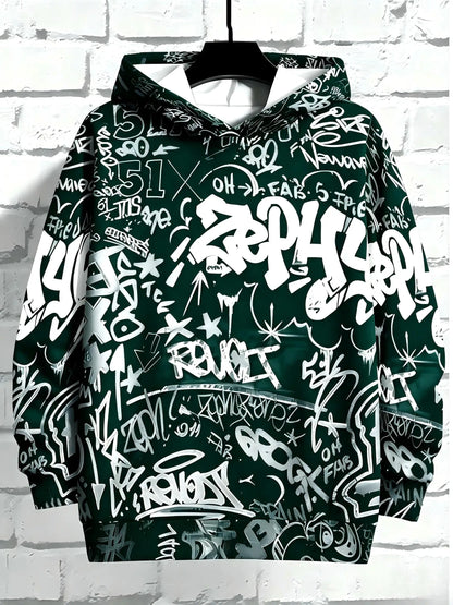 European and American Men's Autumn Gothic Letter Graffiti Print Soft and Comfortable Hooded Sweatshirt Outdoor Street Top