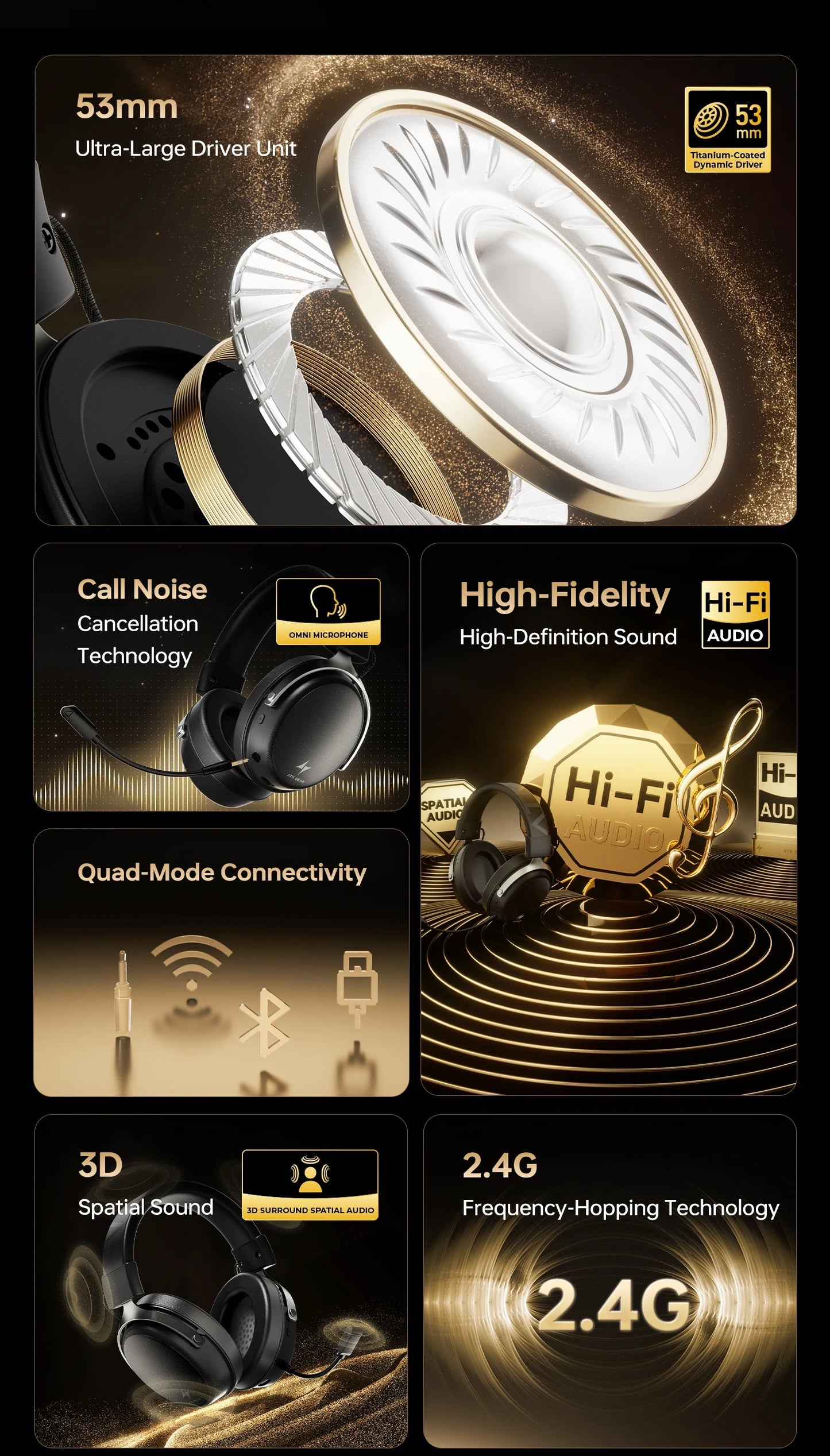 ATK M1 Game Headset Three Mode Wireless Headworn PS5  PC Gaming Headset Microphone Virtual 7.1 Surround Noise Reduction Headset
