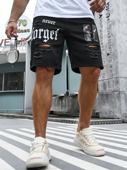 Men Summer Stretchy Denim Shorts Jeans For Men Streetwear Letter Ripped Knee length Baggy Comfort Cargo Casual Shorts Pants Jean