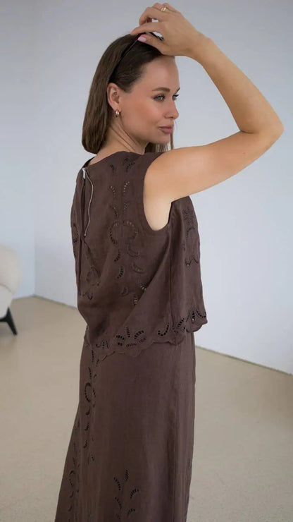 FSLE【Premium Series】Summer Women Linen Two Piece Set Cut-Out Embroidered Sleeveless Top Midi Skirt Boho Beach Vacation Style