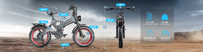 Cybervelo 20” Fat Tire 2000W Peak Motor Luxury Foldable Ebike 48V Removable Battery E Bicycle 35+ MPH 100+Miles Long Range EK6
