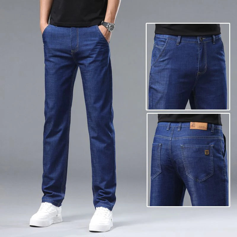Light blue classic business jeans, fashionable breathable denim elastic pants, black blue men's straight leg jeans, sizes 28-40