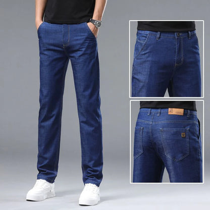 Light blue classic business jeans, fashionable breathable denim elastic pants, black blue men's straight leg jeans, sizes 28-40